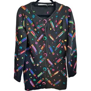 Vintage Michael Simon Cardigan Sweater M Black Pencil School Art Teacher Editor